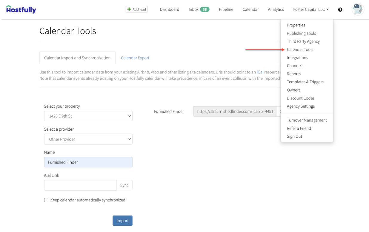 Hostfully dashboard showing the calendar tool